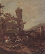 unknow artist An architectural capriccio with a cavalry engagement,a landscape beyond oil painting reproduction